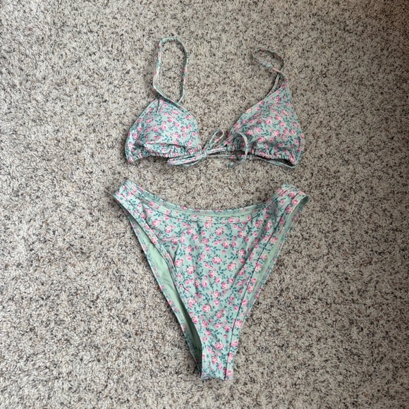 PacSun Other - PacSun Mint Green and Pink Floral Bikini Set High Waist Triangle Tie Top Cheeky